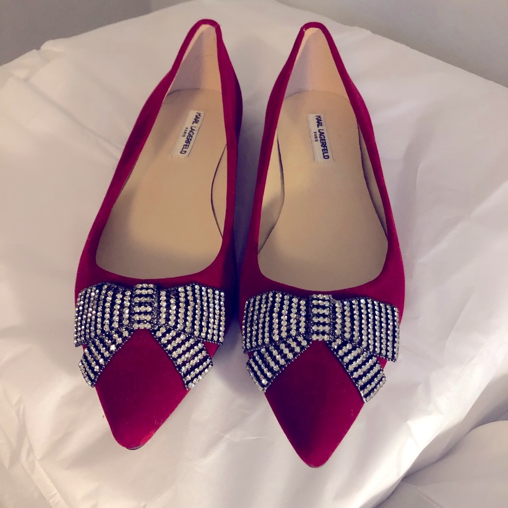 💝 KARL LAGERFELD PARIS RED VELVET RHINESTONE BOW 🎀 FLATS